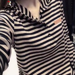 Woodpecker~ Pure Cotton Autumn Long-Sleeve Hooded T-Shirt for Women, Short Casual Versatile Slimming Striped Base Shirt