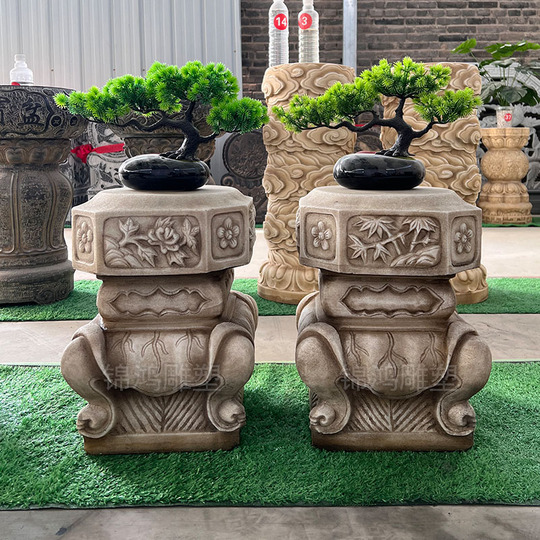 白い大理石の柱、石の台座、花台 - 中国風ガーデンオーナメント