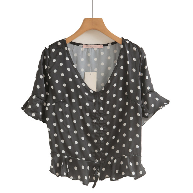 
Drawstring V-neck polka dot flared sleeve chiffon shirt for women 2025 summer new versatile slim T-shirt top temperament shirt