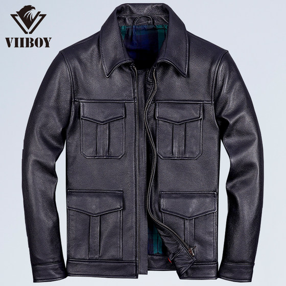 
Trendy casual genuine leather jacket for men, first-layer cowhide lapel, short hunting leather jacket, motorcycle leather jacket, autumn and winter