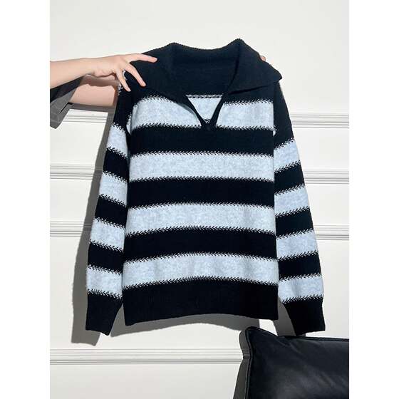 
Today’s outfit ideas sharing ~ Korean loose striped sweater for women in autumn and winter with v-neck bottoming sweater top