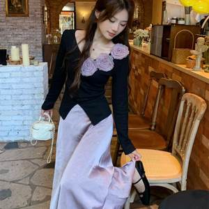 French three-dimensional rose temperament long sleeve sweater high waist long skirt autumn new fashion suit
