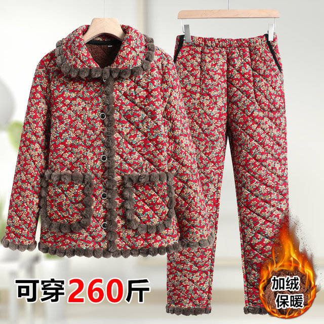 Middle-aged and elderly women plus size plus velvet cotton coat winter clothing mother's clothing cotton jacket special body cotton pants suit for the elderly