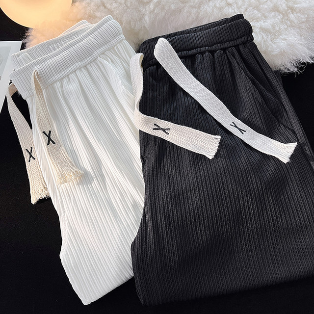 New Chinese Style Ice Silk Draping Pleated Cropped Pants Loose Men's Wide-leg Pants