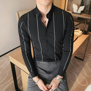Striped shirt men's long-sleeved inner wear anti-wrinkle-free hot-skinned brand high-end inch shirt large size slim shirt trendy men's handsome
