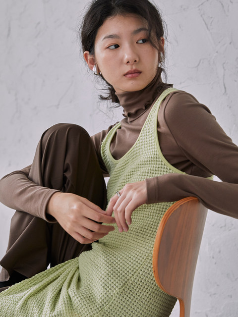 Mid-Length Skirt Women Colorful Contrast Color U-Neck Sexy Hollow Long-Sleeved Knitted Dress Women