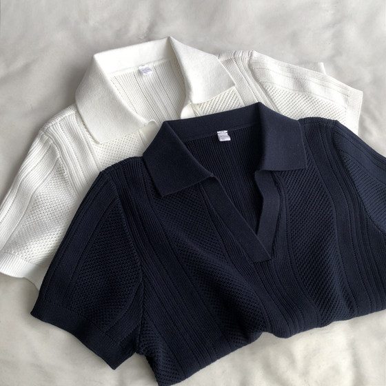 
French genes minimalist V-neck lapel pure cotton knitted short-sleeved T-shirt polo shirt French aesthetic pullover top