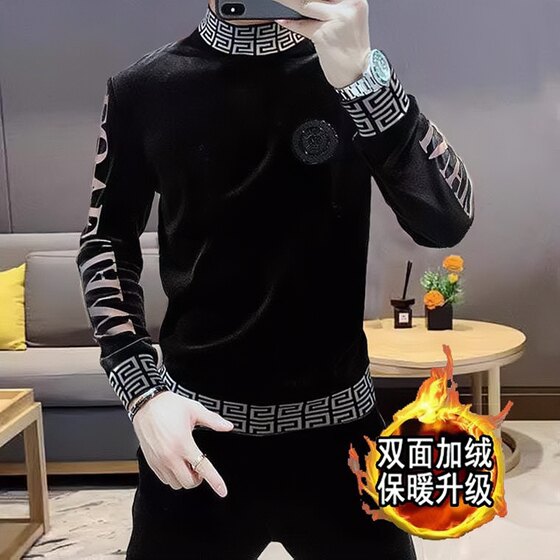
European station half turtleneck long sleeve inner T-shirt men's autumn and winter bottoming shirt slim inner wear plus velvet sweatshirt Internet celebrity trend