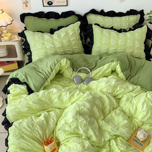 
ins Fresh green lace princess style bubble yarn super soft four-piece set bed skirt quilt cover girl heart bedding 4
