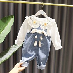Girls' Denim Overalls Set 2022 Spring New Trendy Baby Girl Long Pants Little Girl Shirt Two-Piece Set