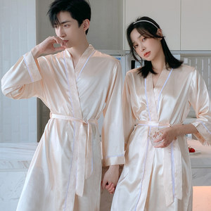 Spring and autumn season pajamas, simulated silk couple bathrobes, sexy silk pajamas, women's pajamas, summer men's long sleeved ice silk home clothes