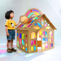 Children's Cardboard Paper House with Colorful Light and Shadow, Butterfly Rainbow Hut, Handmade DIY Baby Toy House with Glass Pieces