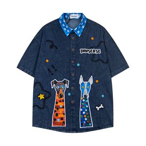 
chaonimei cartoon dog patch thorn short-sleeved shirt for men and women summer loose and versatile casual shirt for couples