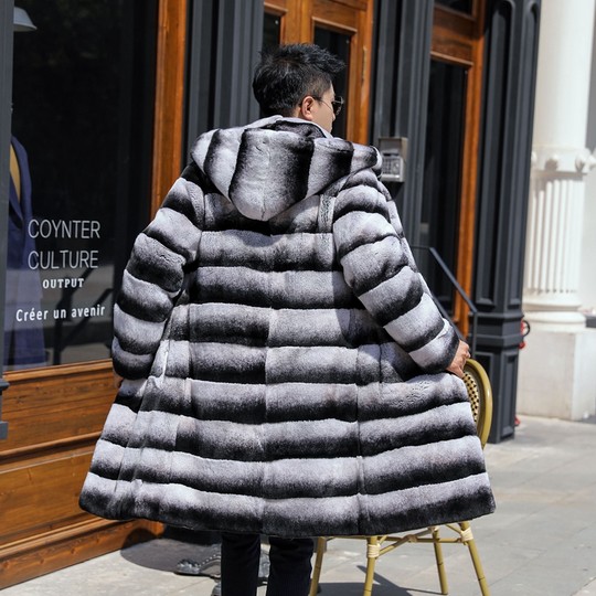 New Imitation Blue and Purple Chinchilla Fur Coat Hooded Leather Lazy Rex Rabbit Fur Coat for Men