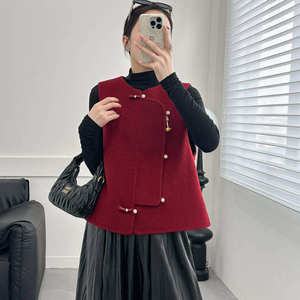 New Chinese style double-sided wool vest with buckle for women red short vest woolen jacket New Year's shirt