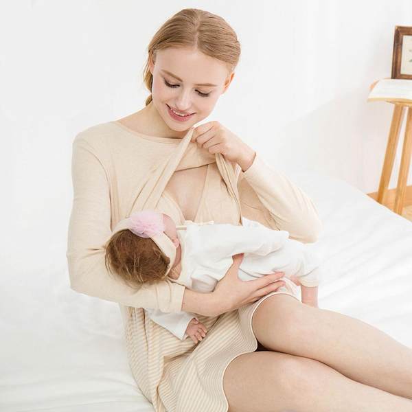 威尔贝鲁 孕妇哺乳衣春夏长袖纯棉喂奶睡衣中长哺乳睡袍月子服薄