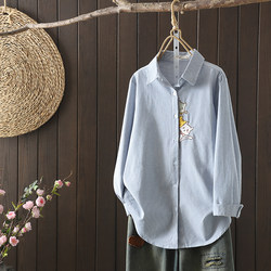 European Style Mid-Length Pure Cotton Long-Sleeved Shirt for Women, Loose Fit, 2024 Spring and Autumn New Cardigan Embroidered Shirt, Tummy-Covering, Plus Size