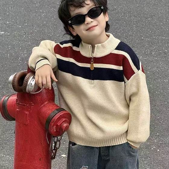 
Boys knitted sweater stand collar casual regular sweater 2025 new striped winter children's clothing pullover children's sweater