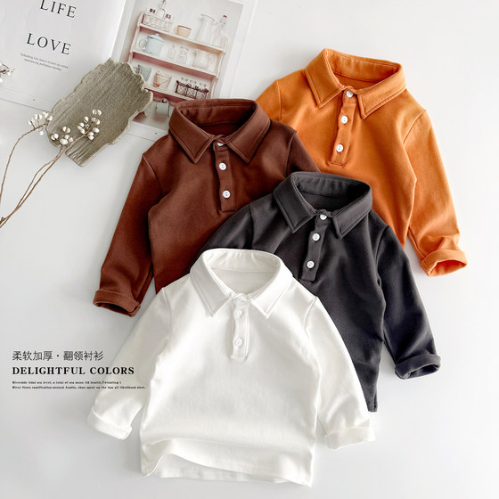 
26 new children's lapel thickened long-sleeved shirt boy baby pure cotton stretch T-shirt shirt campus 80-160
