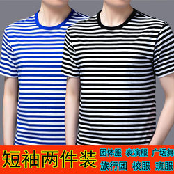 Two-Piece Sailor Shirt Short-Sleeve Activewear Crew Neck Undershirt Sailor Uniform T-Shirt Blue and White Striped Couple Outfit Performance