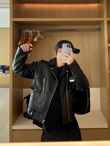 Heavy MM*6 diagonal zipper motorcycle fashionable slim cracked lapel cowhide leather jacket men's short jacket