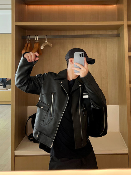 Heavy MM*6 diagonal zipper motorcycle fashionable slim cracked lapel cowhide leather jacket men's short jacket