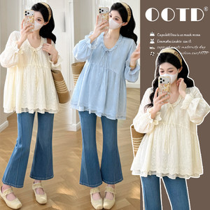 
Maternity clothing, spring clothing, gentle and sweet French round neck, ruffled patchwork babydolls, spring petite maternity tops