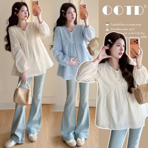 
Maternity wear spring design V-neck temperament age-reducing embroidery loose slimming baby doll spring and autumn large size tops