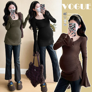 
Maternity wear autumn clothes, generous collar, trumpet sleeves, hot mom wrinkled bottom shirt, spring, autumn and winter high elastic slim top