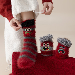 日系可爱搞怪表情袜刺绣本命年仿水貂毛条纹堆堆袜中筒袜子女冬天