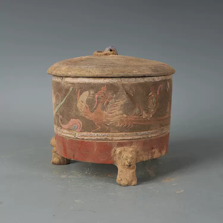漢代古陶彩繪三足蓋盒唐三彩瓷器收藏戰國時期原始瓷民俗裝飾擺飾-Taobao