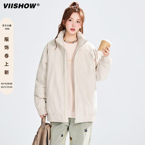 
VIISHOW trendy brand winter simple splicing thickened stand collar cotton coat for men and women retro couple loose warm cotton coat