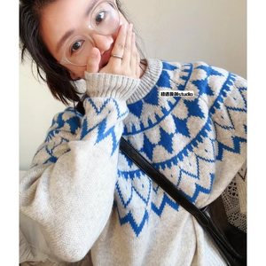 
First encounter, full wool Nordic Ferris wheel sweater vintage cardigan round neck thickened 100% wool couple style