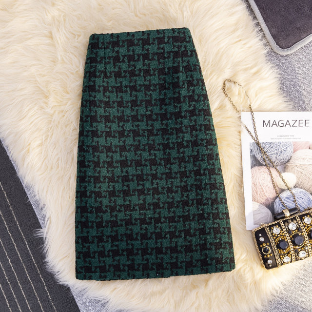 Women's 2024 Autumn and Winter Retro Houndstooth Plaid Skirt A-line High-waisted hip-slit one-step mid-skirt