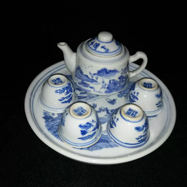 中国古玩 青花山水紋煎茶杯五客 煎茶道具在銘 ss696（六窑冰梅