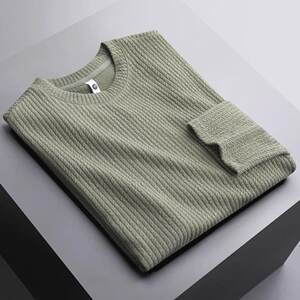 
European pleated texture sweatshirt men's soft and breathable waffle jacquard long-sleeved T-shirt stretch knitted base shirt