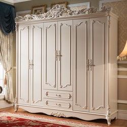 European-Style Six-Door Wardrobe, Solid Wood Carved Large Wardrobe, Six-Door Bedroom Storage Cabinet, White Six-Door Wardrobe