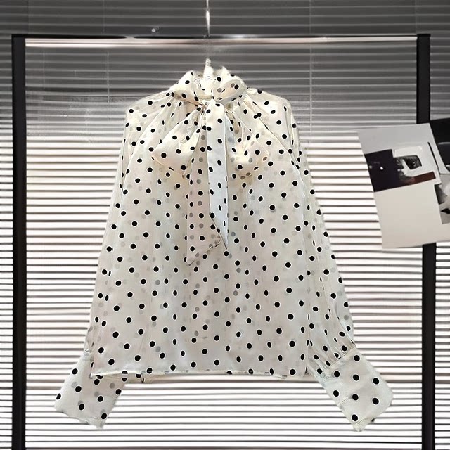 Women's bow tie shirt temperament long sleeve top polka dot dot shirt white occupation chiffon black white