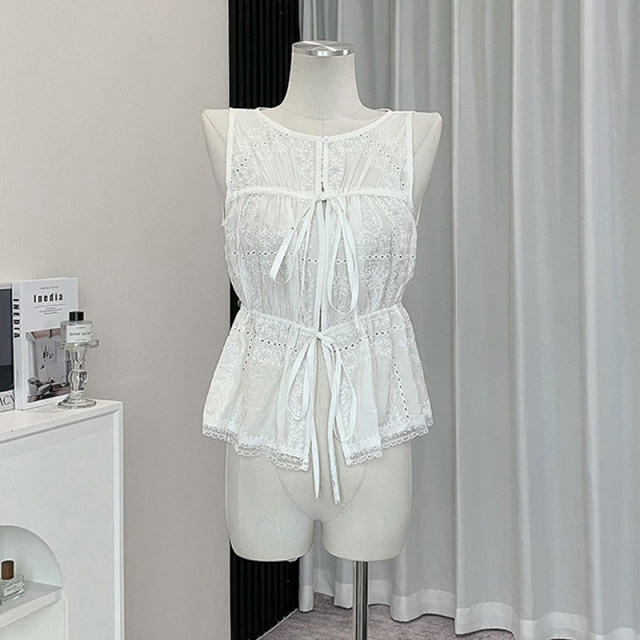 Madou/embroidery Hyde Manor_Elegant Boat Collar Heavy Industry Drawstring Embroidered Vest Lace Top for Women