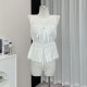 Madou/embroidery Hyde Manor_Elegant Boat Collar Heavy Industry Drawstring Embroidered Vest Lace Top for Women