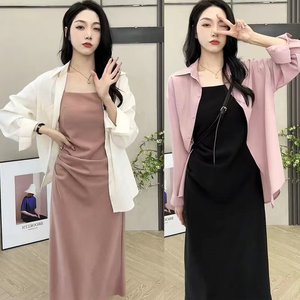 
2025 spring and summer Korean style fashion temperament behind the design shirt + high waist slim suspender dress suit for women