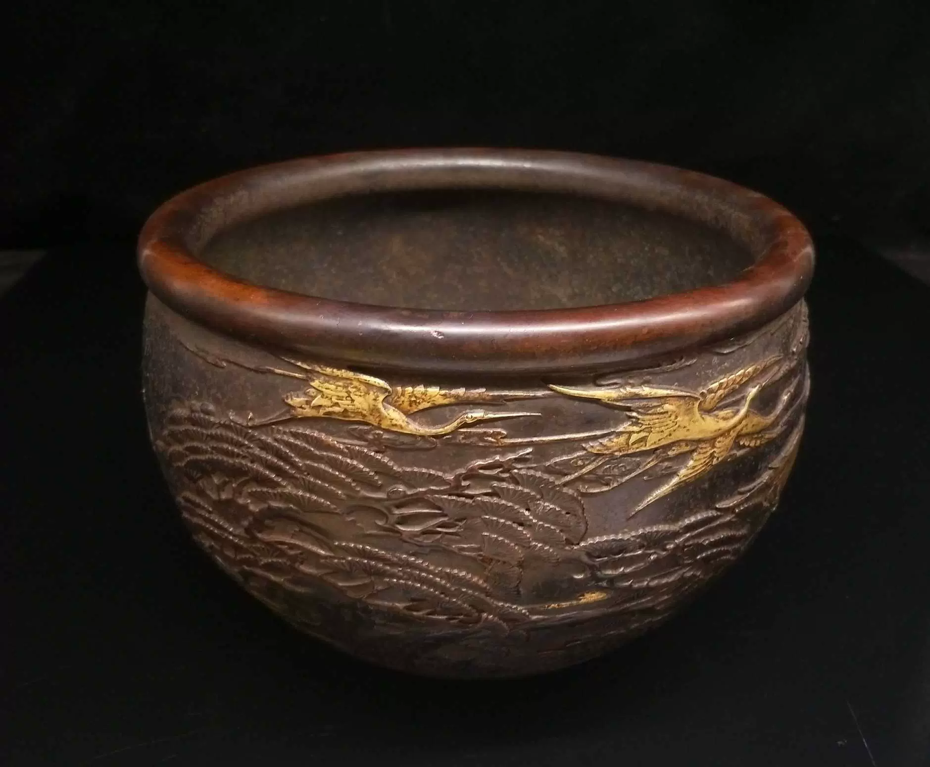 老件紫铜鎏金浮雕高14*20公分重5.5公斤六鹤