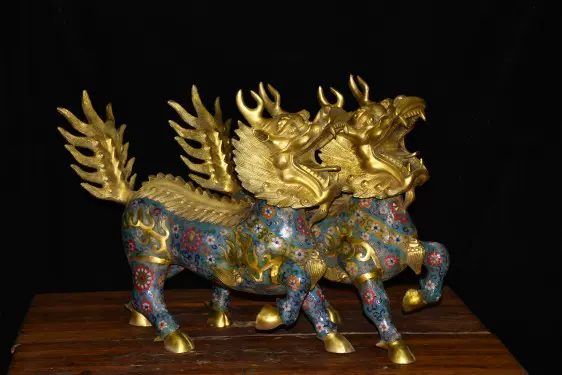 旧家蔵出大型希少旧蔵品 純銅製景泰藍香炉「金銭独角獣」／掐絲琺瑯