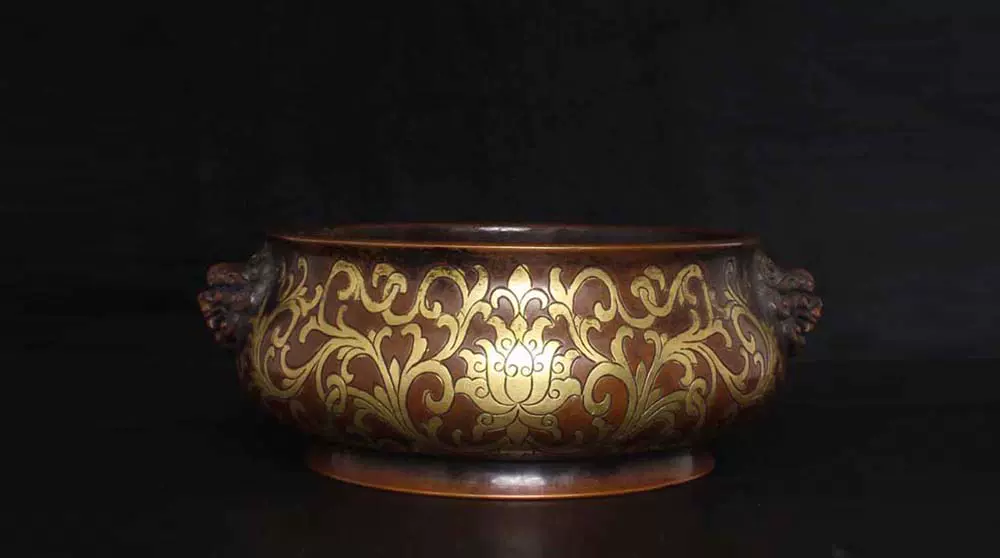 老件纯紫铜宣德年制款鎏金浮雕富贵如意古兽纹元宝桥耳香炉摆件-Taobao