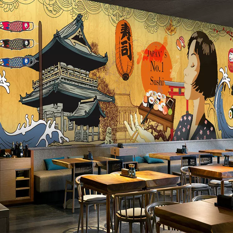日本相扑仕女壁纸海浪和风装饰壁画日式餐厅料理寿司店背景墙纸-Taobao