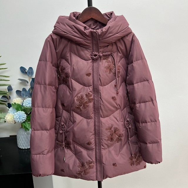 Winter grandma down jacket thickened warm embroidered coat middle-aged and elderly grandma hooded mid-length elderly clothes