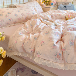 Class a Double-Layer Gauze Pure Cotton Four-Piece Bedding Set 2025 New Model All-Cotton Lace Quilt Cover Bed Sheet Dormitory Three-Piece Set