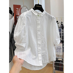 2024 New French-Style Niche Puff-Sleeve Cotton and Linen Shirt for Women, Japanese Casual Style White Embroidered Shirt, Linen Top