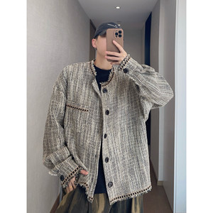 
dannyandzee spring and summer relaxed mixed color retro loose raw edge webbing woven jacket for male couple