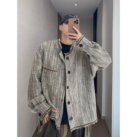 
dannyandzee spring and summer relaxed mixed color retro loose raw edge webbing woven jacket for male couple